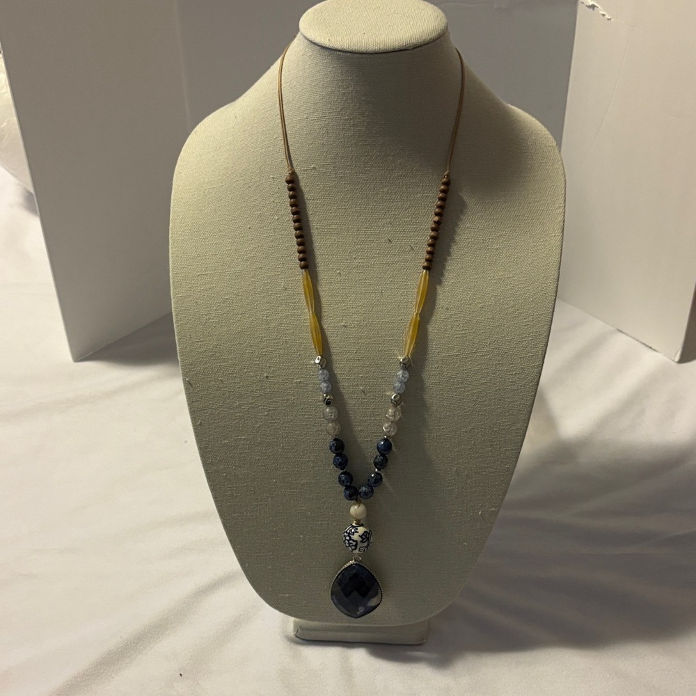 JJill Elegant Beaded Necklace and Bracelet with Blue and Yellow Accents
